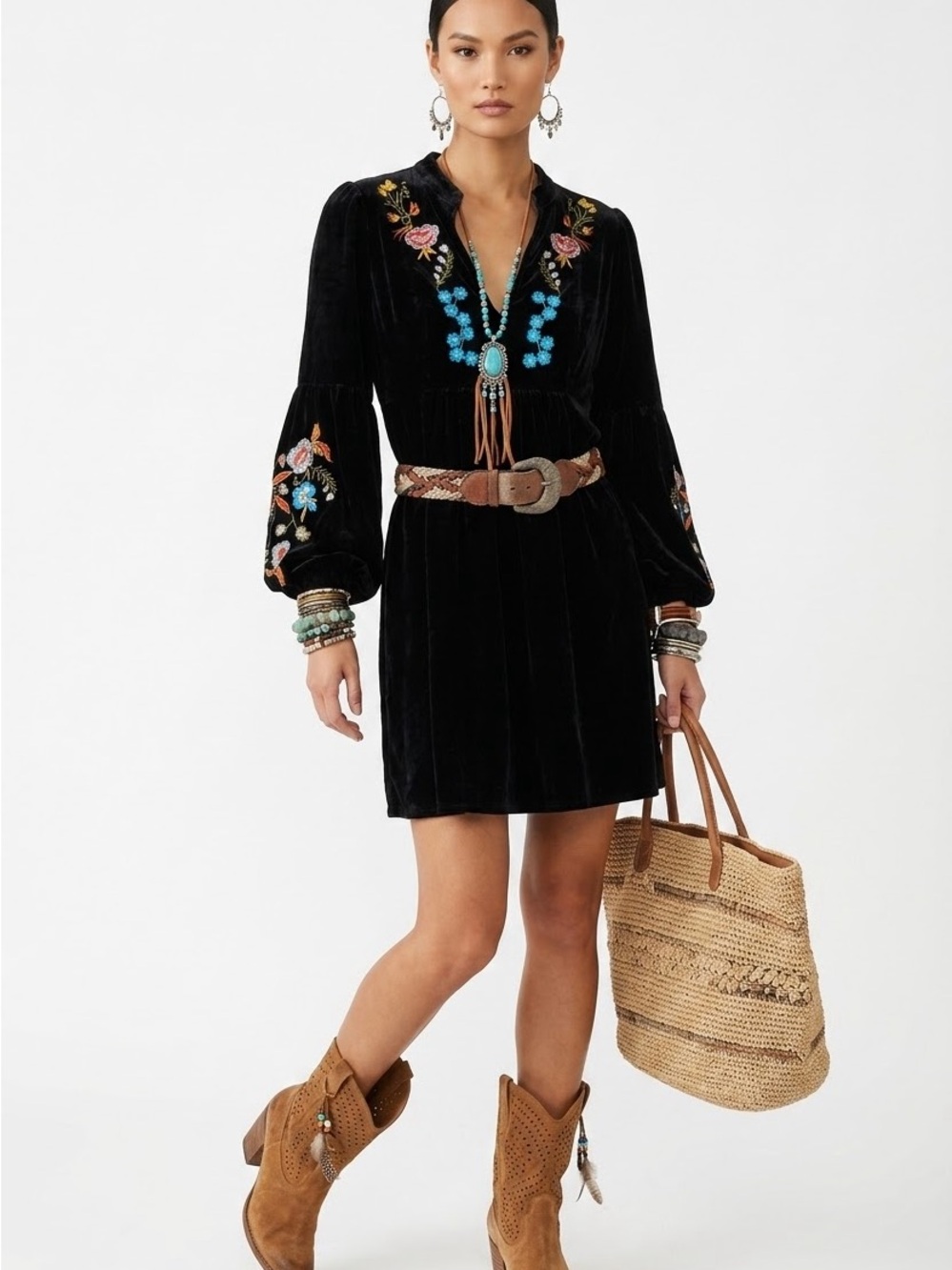 Boho Embroidered Black Velvet Mini Dress | Floral V-Neck Balloon Sleeve M